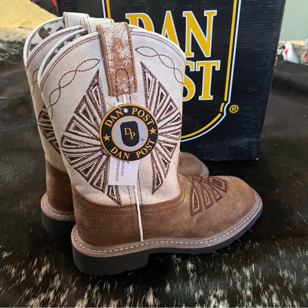 Dan Post Lil' Kite Days Western Cowboy Boots Girls Square‎ Toe Tan White NIB